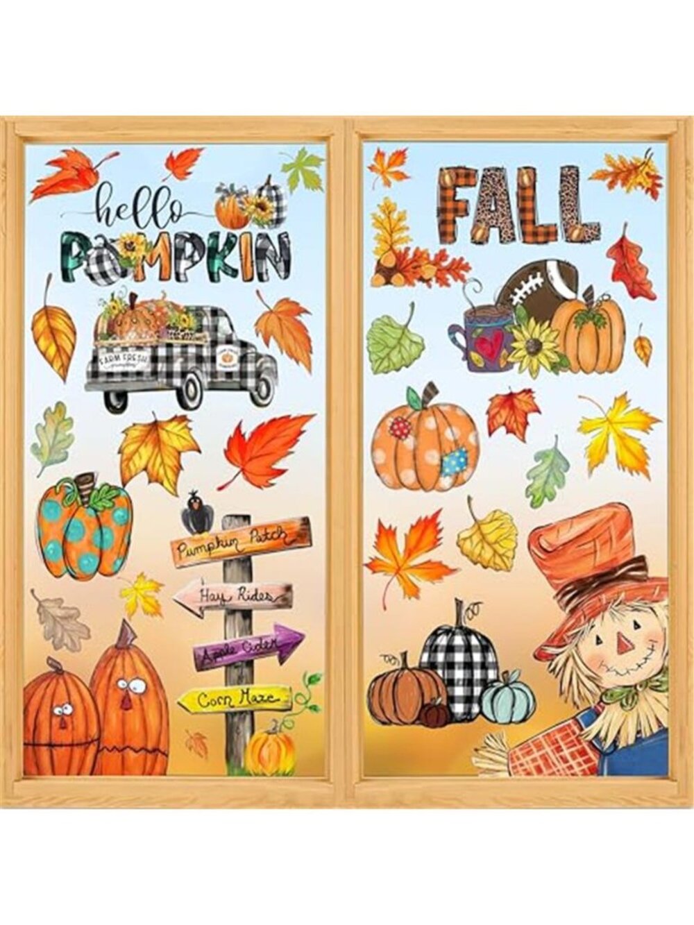 Fall Window Clings Decorations for Glass Fall Watercolor Pumpkin Maple Leaves